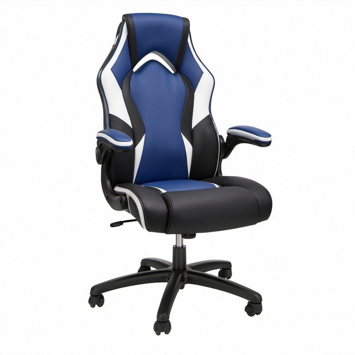 Gaming-Drehstuhl aus PU-Kunstleder, Blau/Schwarz/Weiß, 66 x 66 x 118–128 cm