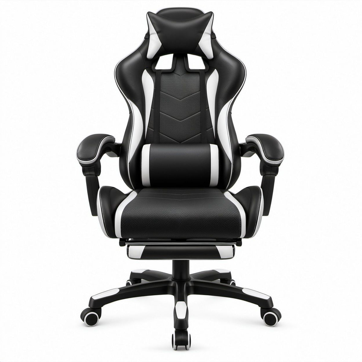 Gamingstuhl in Schwarz/Weiß aus PU-Kunstleder mit Fußstütze, 70 x 70 x 124–134 cm