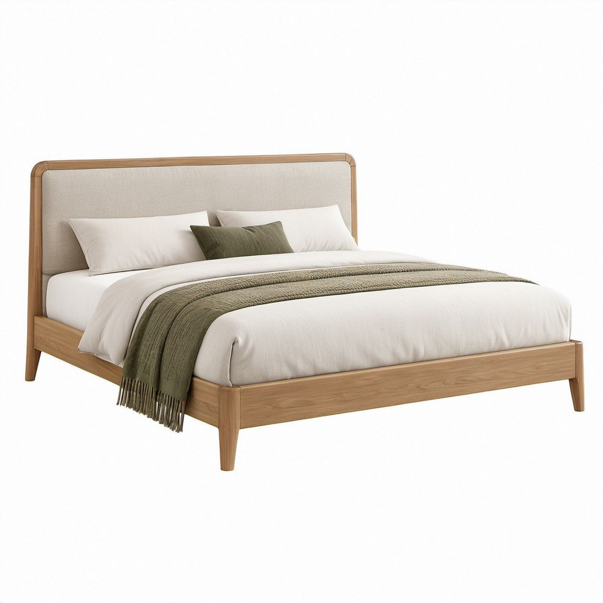 Doppelbett 180 x 200 cm aus Massivholz in Hellbraun mit gepolstertem Kopfteil in Beige