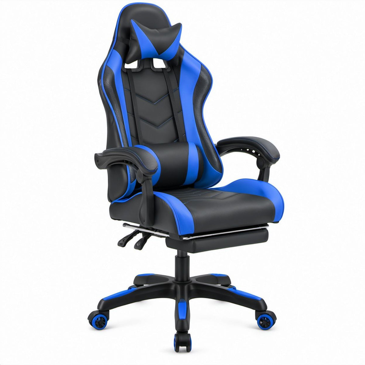 Gamingstuhl mit Fußstütze, Nacken- und Lendenkissen aus PU-Kunstleder, Schwarz/Blau, 67 x 65 x 123–133 cm