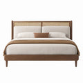 Doppelbett 180 x 200 cm in Walnussbraun/Natur/Beige mit Rattan-Kopfteil und Polsterung