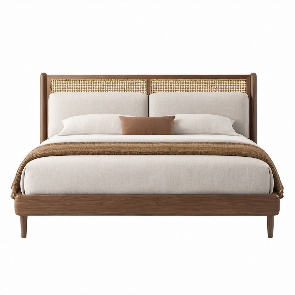 Doppelbett 180 x 200 cm in Walnussbraun/Natur/Beige mit Rattan-Kopfteil und Polsterung