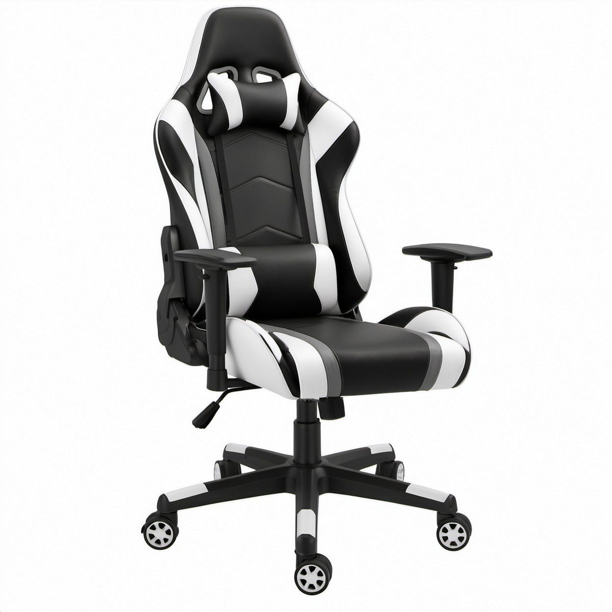 Gamingstuhl aus PU-Kunstleder mit Kopfkissen, Schwarz/Weiß, 66 x 64 x 125–135 cm