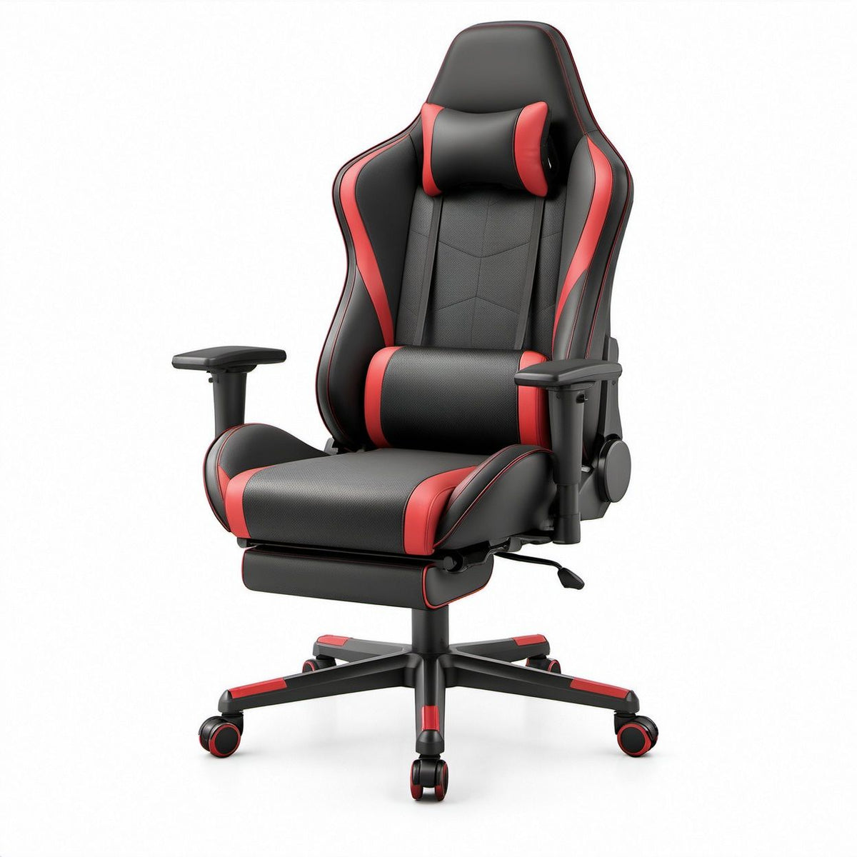 Gamingstuhl Schwarz/Rot aus PU-Kunstleder mit Fußstütze, 68 x 68 x 125–135 cm